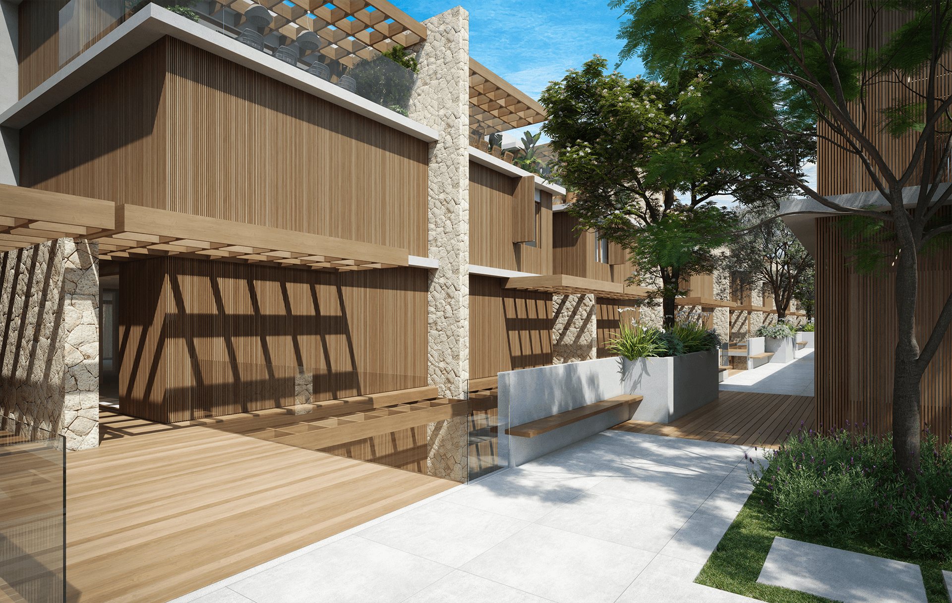 Perspectiva ilustrativa das casas e caminhos arborizados do Terráz