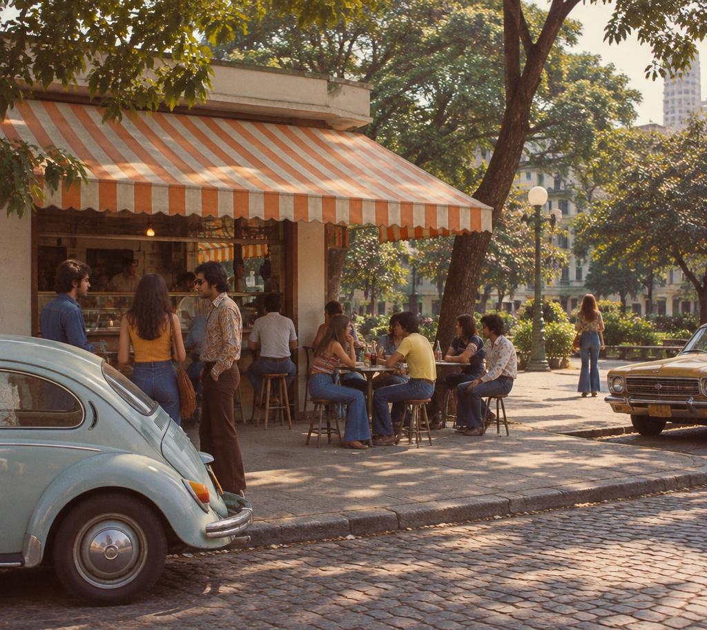 Releitura ilustrativa de uma lanchonete de praça nos anos 70, época em que a história do Senzala começou